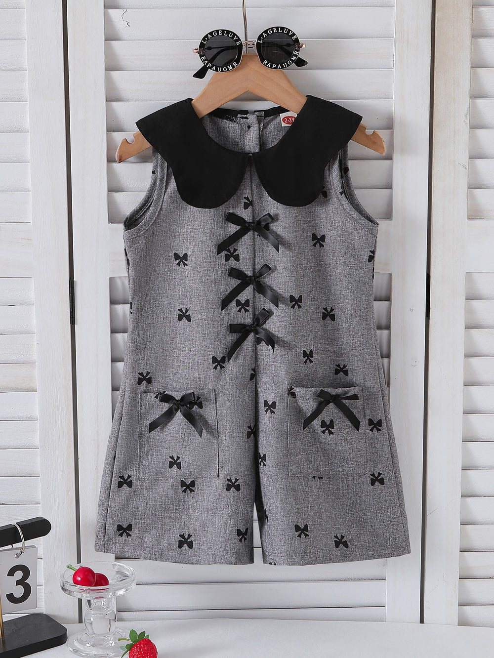 spring/summer new arrival: cross-border girls' preppy bowknot print romper