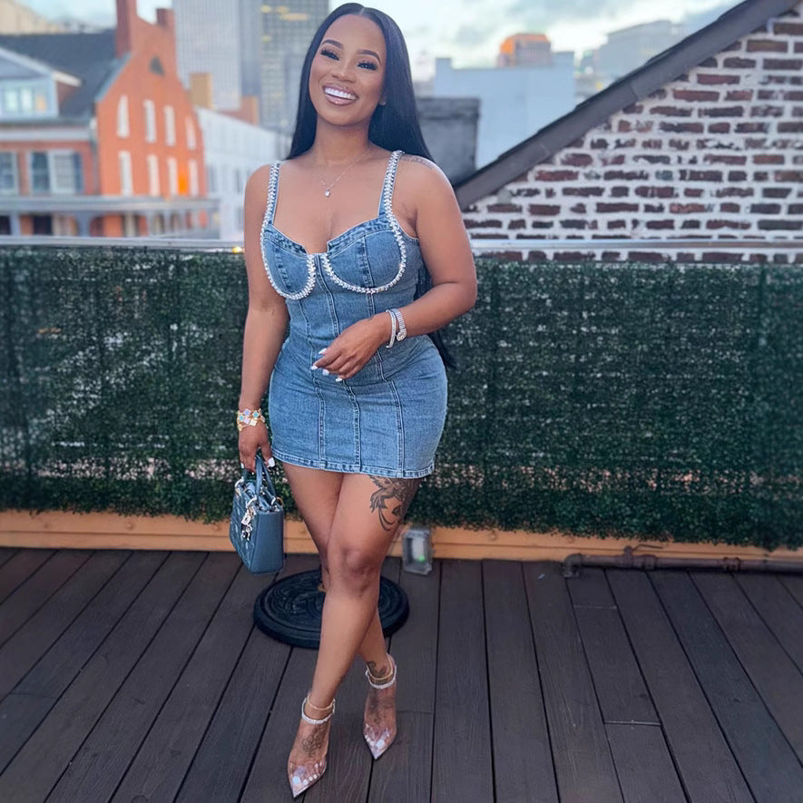 European and american style denim cami dress -  cross-border women's summer new fashion sexy rhinestone mini dress
