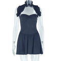 European and american style cross-border solid color slim-fit women's sexy backless pleated a-line dress, minimalist halter neck sleeveless mini dress
