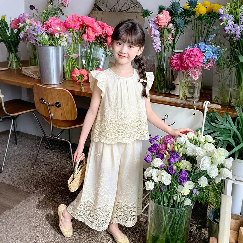 Girlsuitfrenchniche style spring and summer new arrivalheavy industrycut outembroiderwhitestraight-leg pantsfashionloose pants