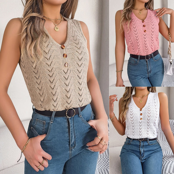 Real shot 2024 spring and summer European and American button V-neck hollow sleeveless top holiday knitted sweater, independent station  women's clothing