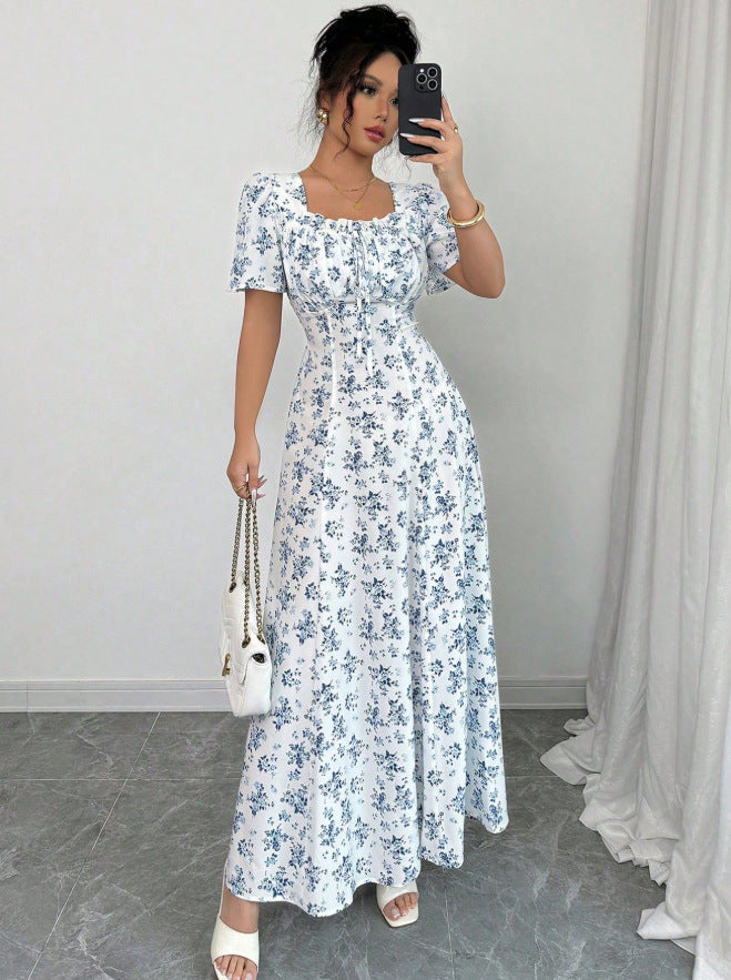 european and american new style black and white large leaf print square neck midi dress with drawstring waist and short sleeves
