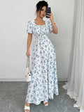 european and american new style black and white large leaf print square neck midi dress with drawstring waist and short sleeves
