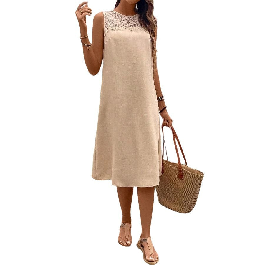 european and american cross-border  spring/summer new casual lace patchwork round neck solid color sleeveless women's dress