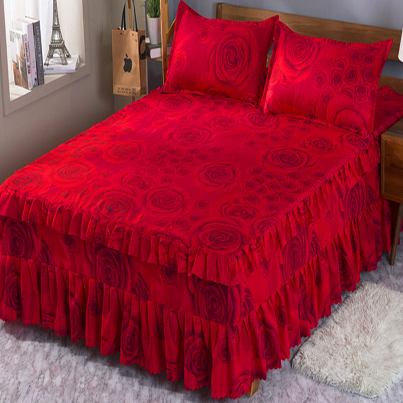 Bedspread bed skirt three-piece set korean style lace bed cover fitted sheet bed cover 3-piece set 1.68m bed 2.0 bed protector