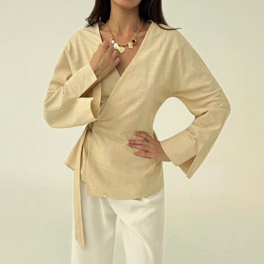 summer new arrival: solid color v-neck long sleeve tie-up top with elastic waist casual women's blouse for cross-border wholesale