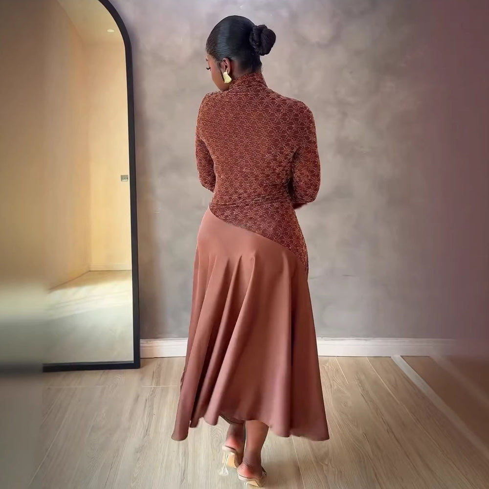 European and american cross-border women's fashion:  spring new arrival - elegant mock neck brown patchwork a-line midi dress