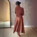 European and american cross-border women's fashion:  spring new arrival - elegant mock neck brown patchwork a-line midi dress