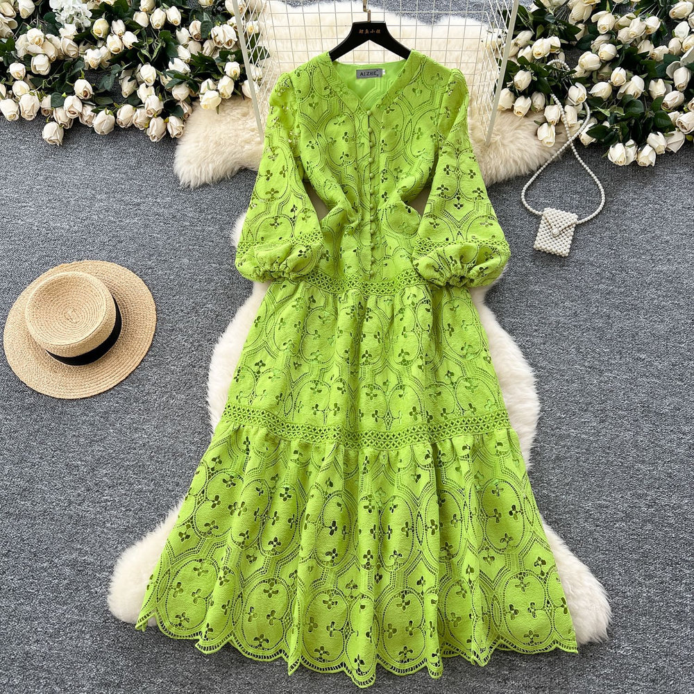 High-end fashion dress women's  spring new french style cinched waist slimming hollow-out crochet lace ruffle hem maxi dress
