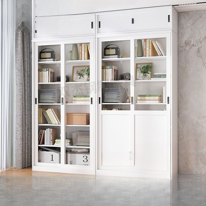 Steel light luxury sliding door bookcase push-pull glass door display cabinet iron kids bookshelf floor-standing storage cabinet password lock