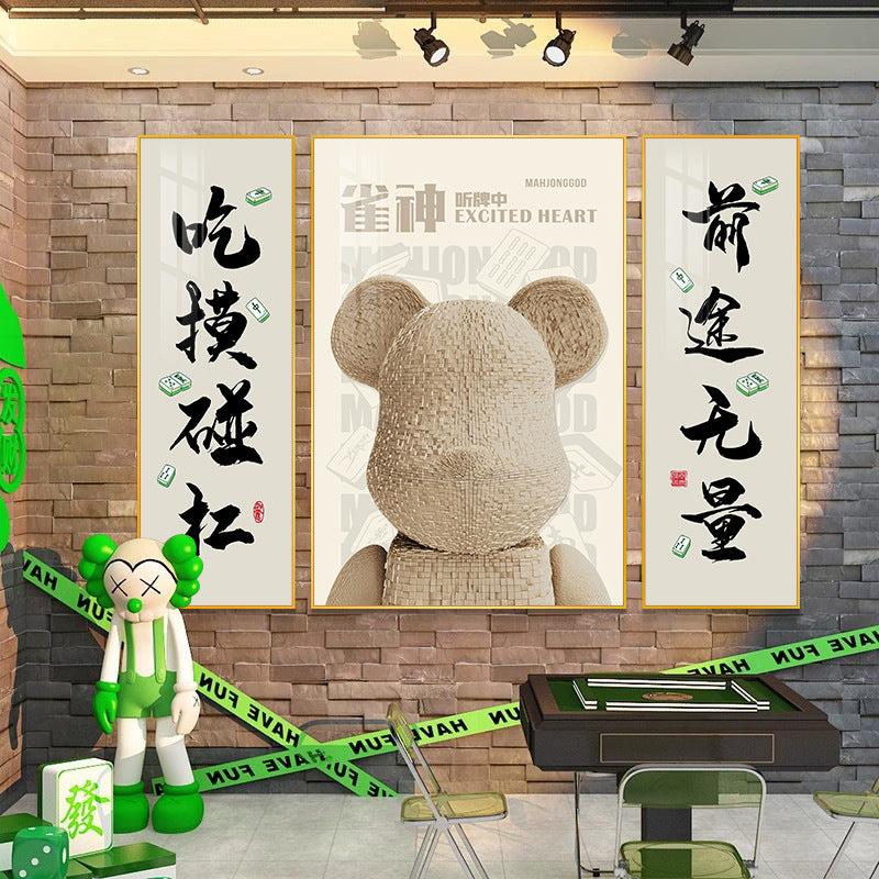 Chess and card room pink violent bear decorative painting Self-service mahjong hall box hanging painting Sparrow room Guochao lion dancing mural