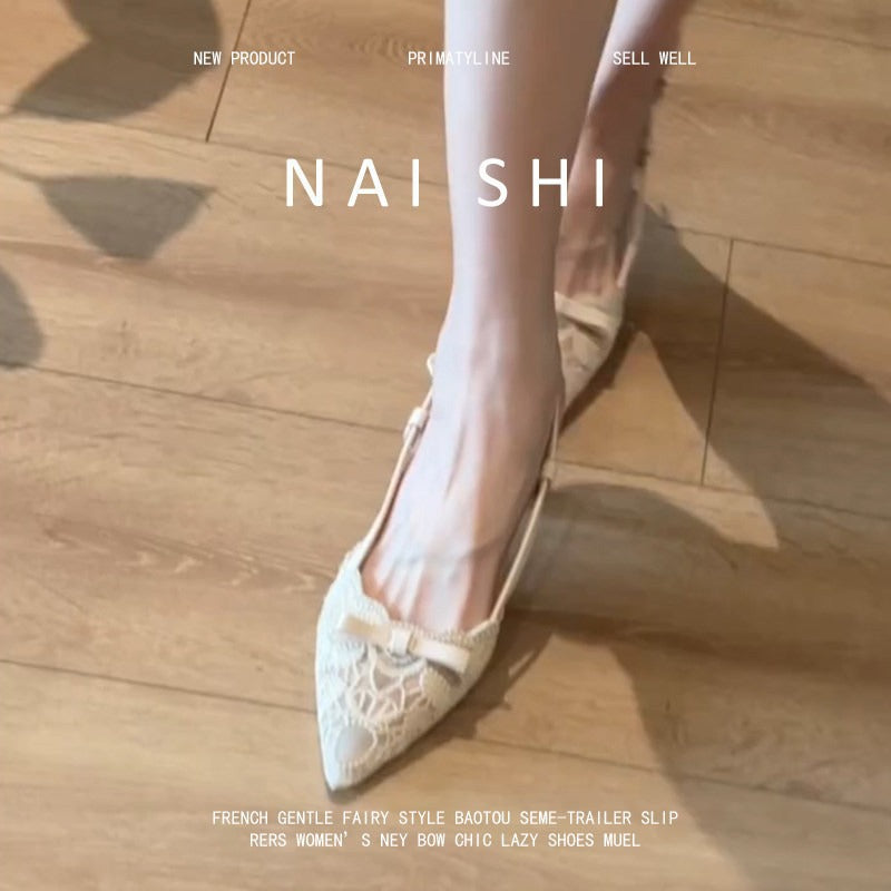 French pointed-toe lace bow heeled sandals - women's stiletto closed-toe slingbacks - elegant style - new 2026 collection