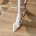 French pointed-toe lace bow heeled sandals - women's stiletto closed-toe slingbacks - elegant style - new 2026 collection