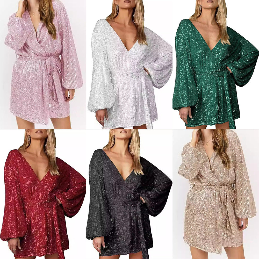 2025 new sequin mini wrap dress for women - v-neck, long sleeve, puff sleeve, sparkly wrap party dress