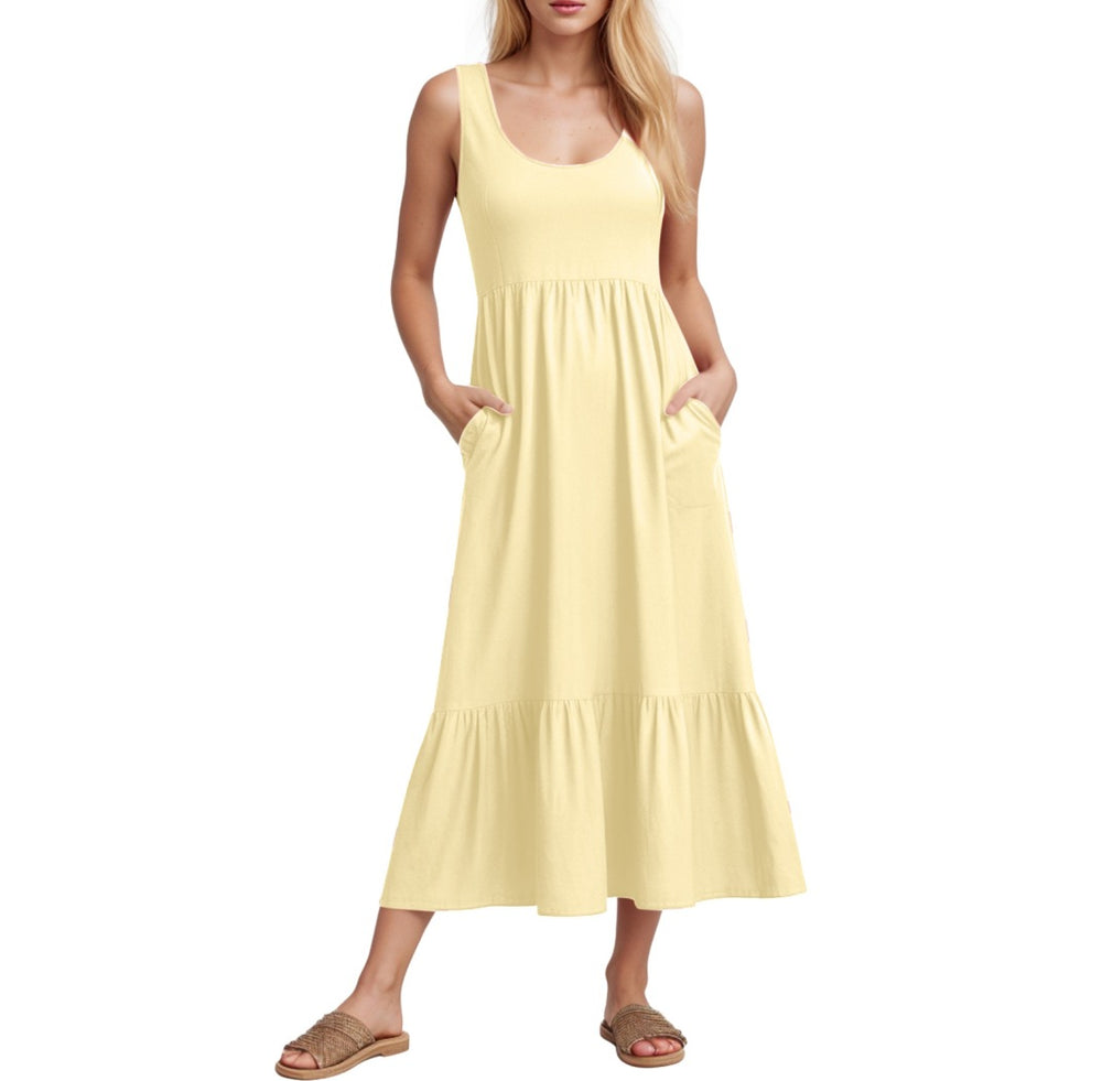 european and american cross-border summer sleeveless tank dress - flowy, layered beach maxi dress with pockets for women