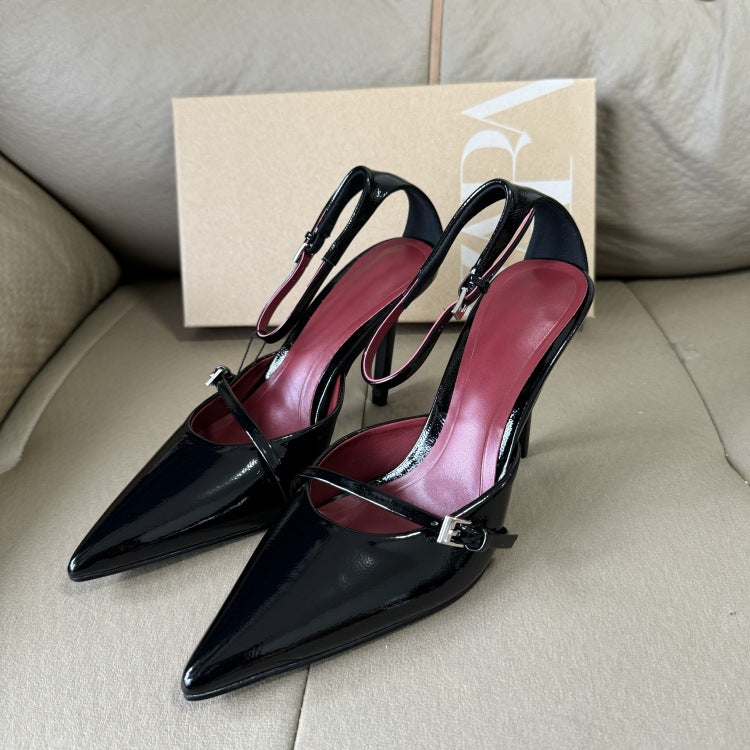 Spanish 2025 summer new arrivals: sexy hollow-out women's black patent leather ankle strap buckle pointed-toe stiletto mules
