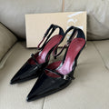 Spanish 2025 summer new arrivals: sexy hollow-out women's black patent leather ankle strap buckle pointed-toe stiletto mules