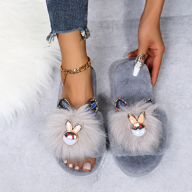 Little rabbit rhinestone furry cotton slippers for women outwear popularins trendy rhinestone korean style cartoon furry shoes thick sole slippers