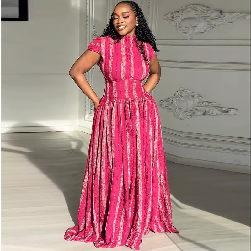 European and American  women's clothing 2025 autumn new fashionable fresh semi-turtleneck waist striped pleated dress dress