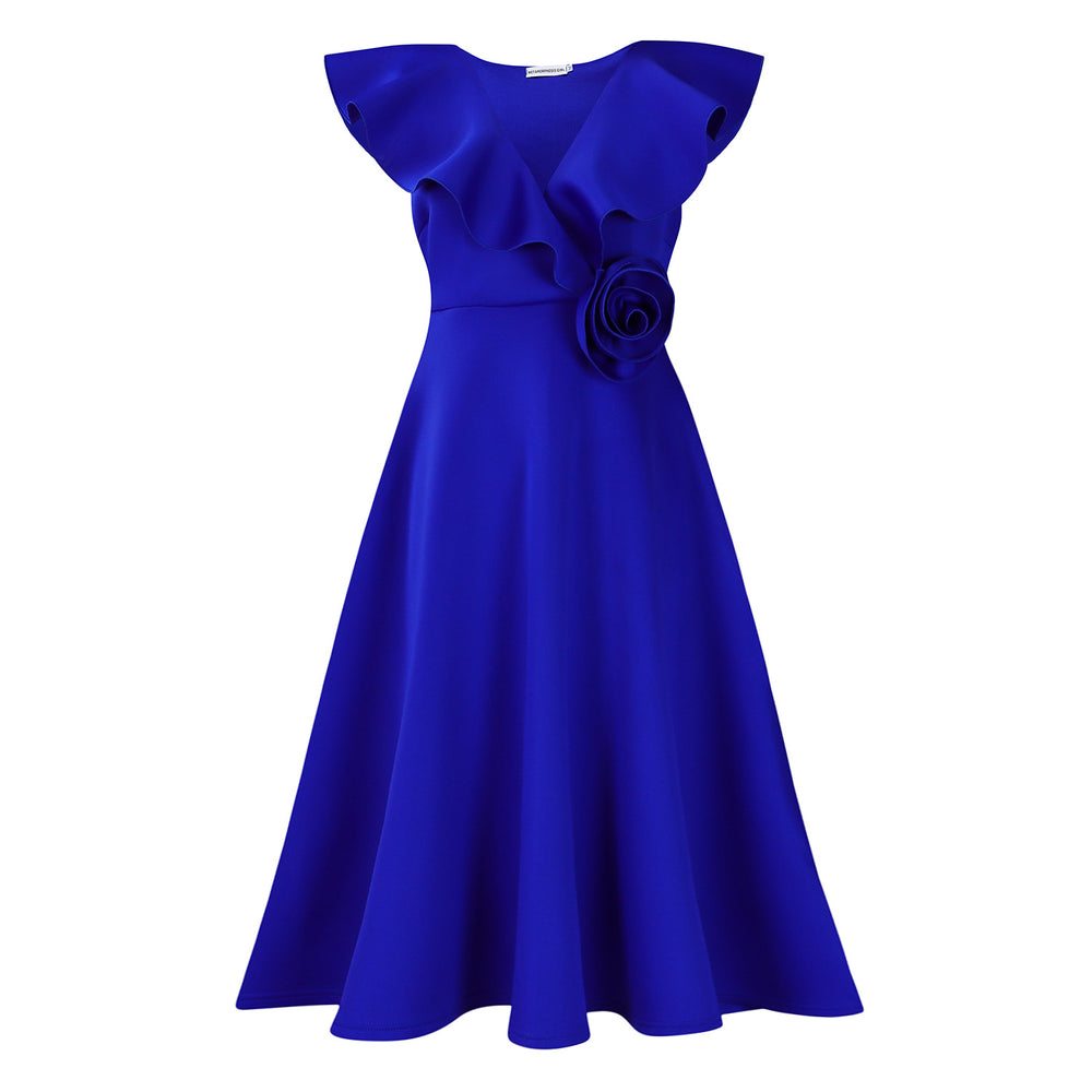 D565 cross-border women's fashion european and american  v-neck ruffle trim 3d floral skirt evening gown banquet dress