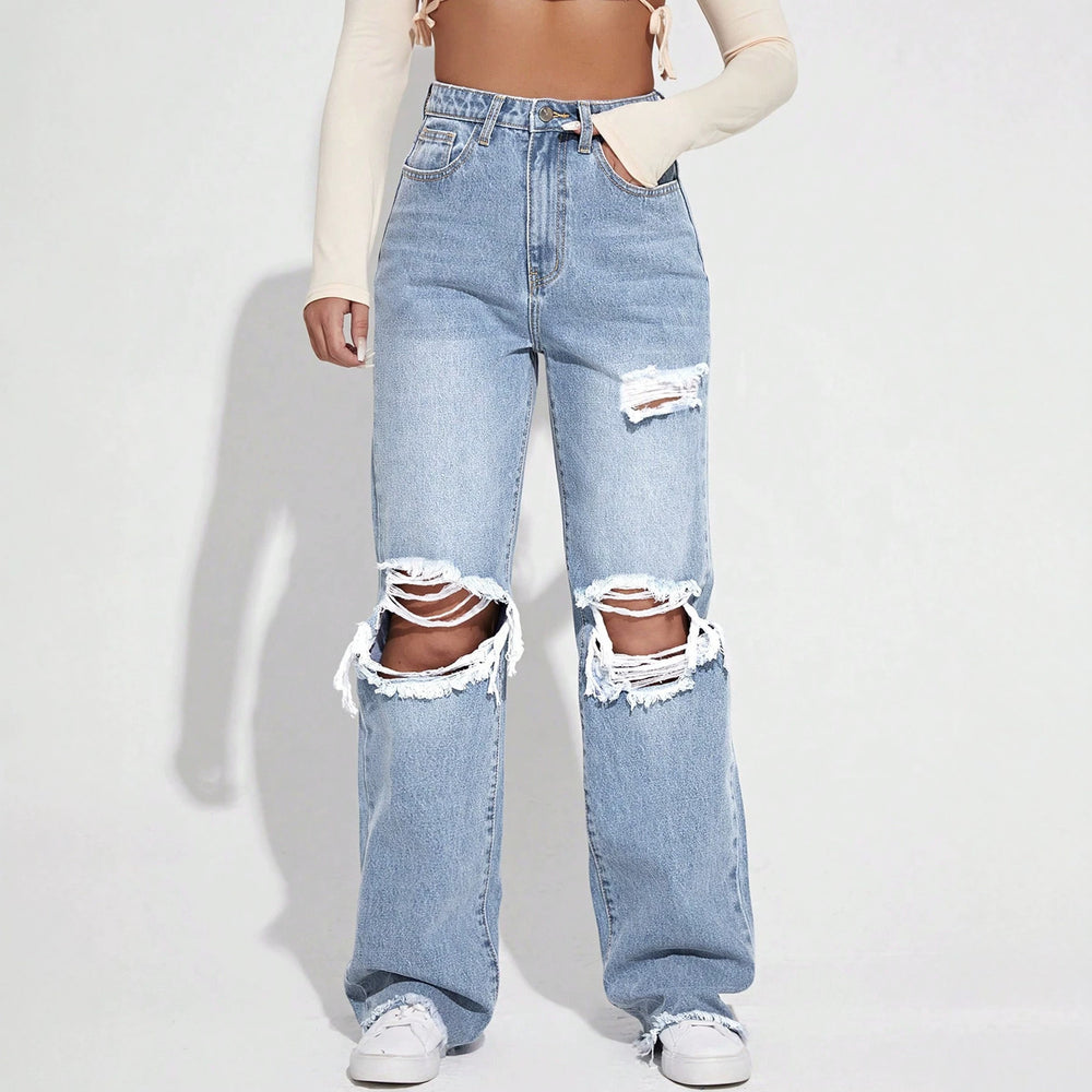 Fashion cross-border hot girl style big hole wide leg jeans women's light blue washed loosestraight-legmoppants