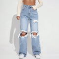 Fashion cross-border hot girl style big hole wide leg jeans women's light blue washed loosestraight-legmoppants