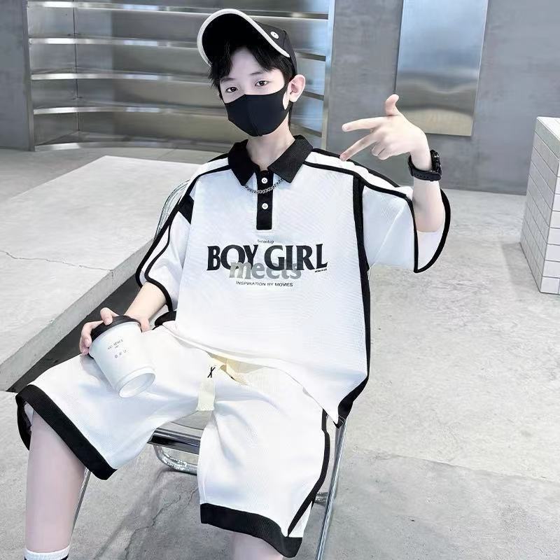 Boys' summer outfit set  new kids' short sleeve two-piece set boys' summer casual waffle knit polo shirt trendy