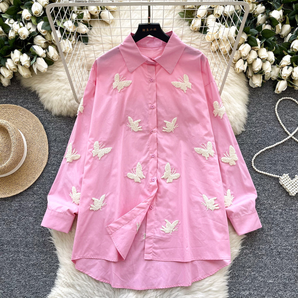 French chic heavy butterfly embroidery loose long sleeve blouse - women's spring premium style, age-defying, versatile, and slimming shirt