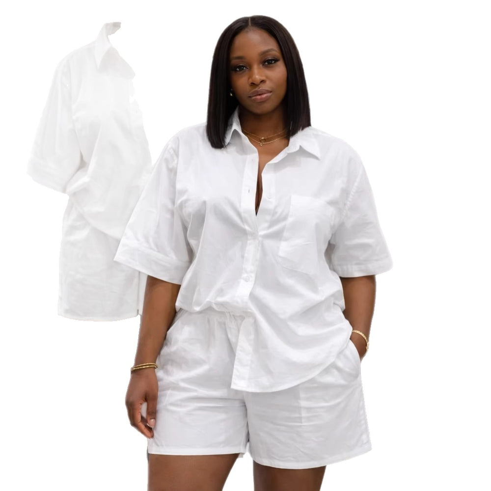 European and american style women's summer  new collection: sweet and fresh turn-down collar short-sleeve patch pocket shirt & high-waisted straight-leg shorts two-piece set