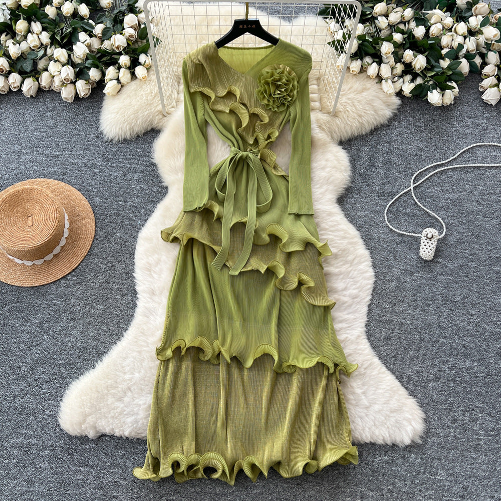 Miya european and american dress women's autumn  new fashion three-dimensional flower strap waist fungus long skirt