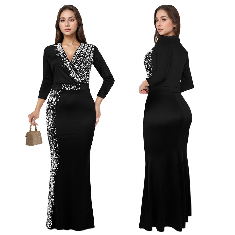 C7290 cross-border   fashion women's elegant rhinestone-embellished mid-sleeve v-neck dress