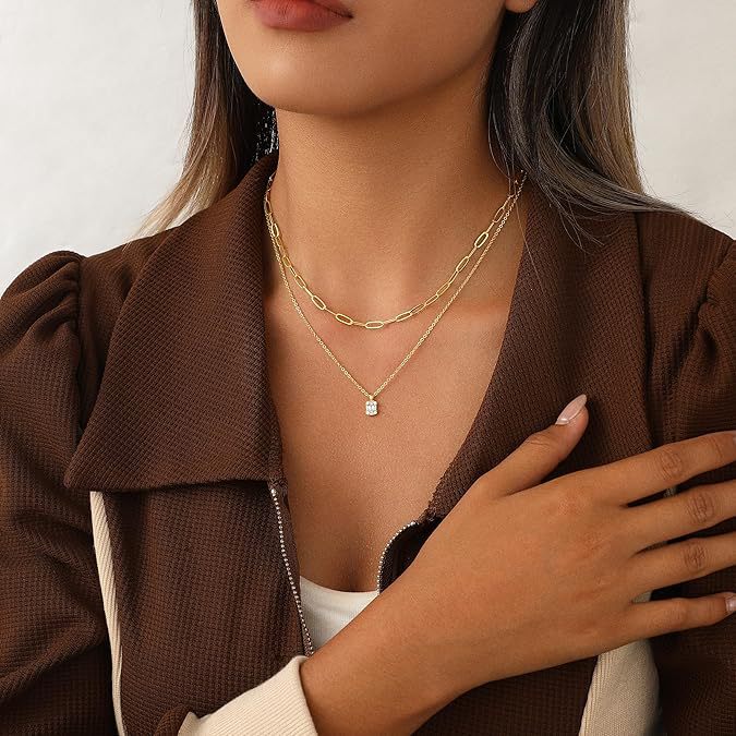 European and american cross-border hot-selling golden double-layer paper clip square diamond necklace multi-layer light luxury stacking versatile jewelry wholesale
