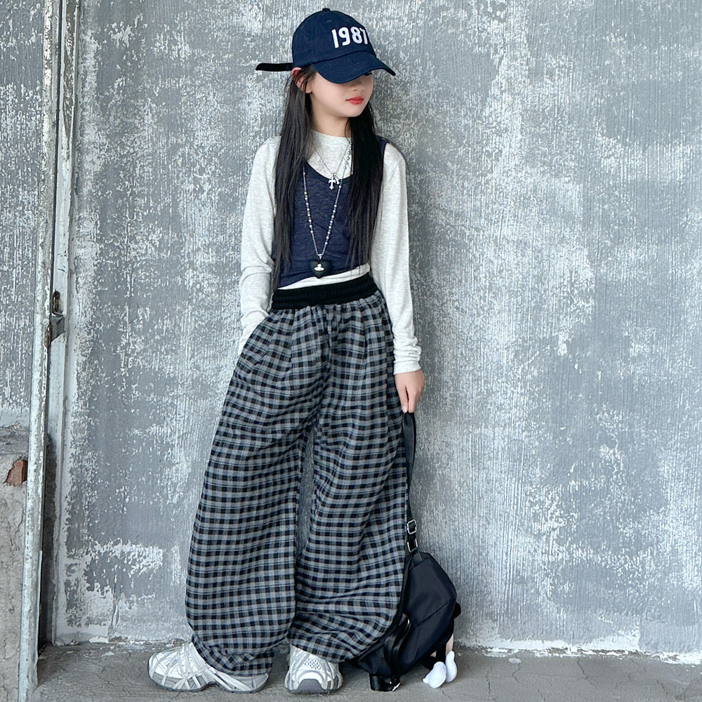 Girls' spring/autumn plaid wide-leg pants,  new autumn casual straight-leg scimitar pants for children, mid-to-large size kids' trousers