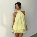 European and american cross-border  new collection: slim-fit, sexy, backless, halter neck, cinched waist top with flared mini skirt dress for women