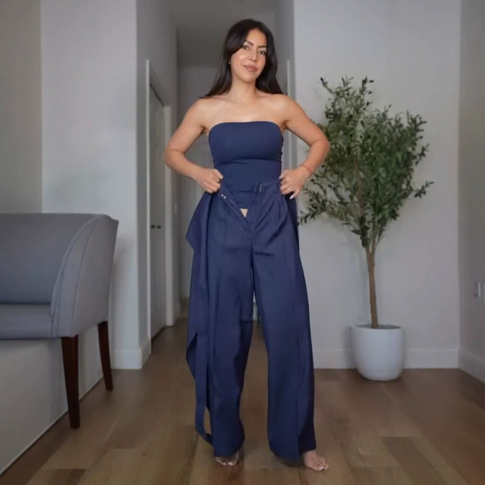 European and american  women's clothing  new bandeau top, minimalist chic blouse, relaxed sweet & cool wide-leg pants two-piece set