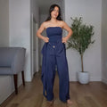 European and american  women's clothing  new bandeau top, minimalist chic blouse, relaxed sweet & cool wide-leg pants two-piece set