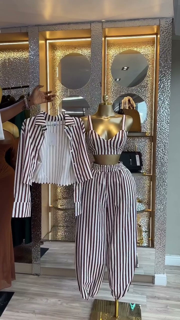 European and american cross-border women's fashion:  summer new collection - striped print long-sleeve shirt, camisole, and pants three-piece set