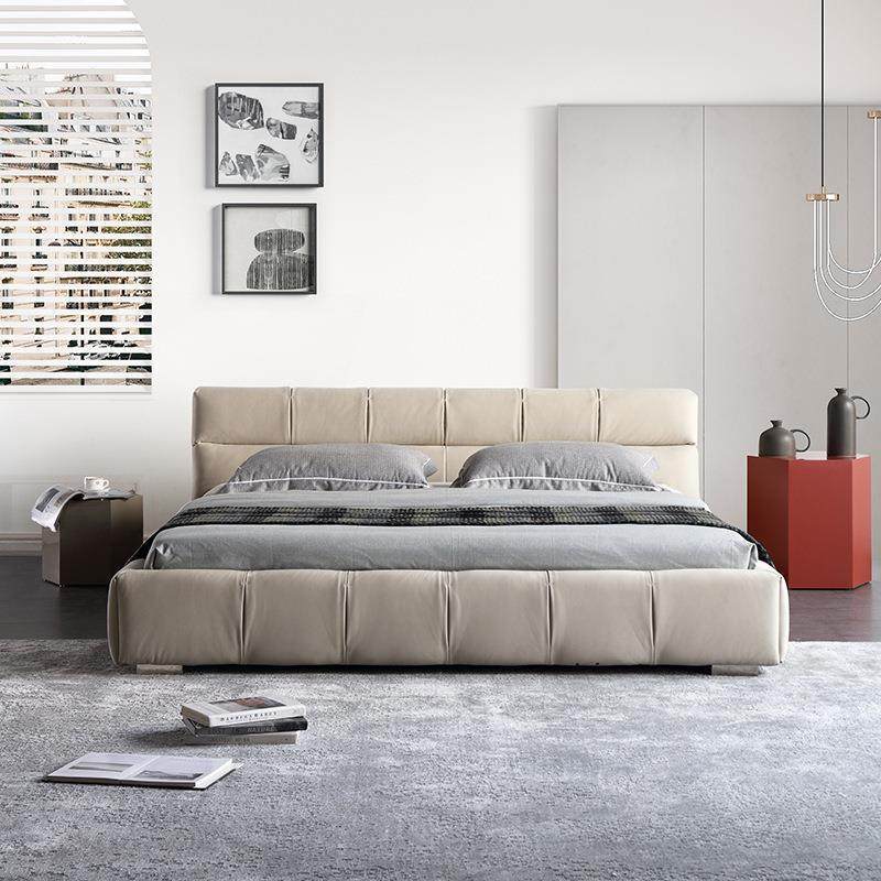 Puff bed - italian original, minimalist italian design, fully brushed velvet leather fabric upholstered double bed for master bedroom