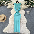 Goddess-style sense of design, cut out metal buckle, round neck, sleeveless dress, women's silmslimming lookelegant hip skirt