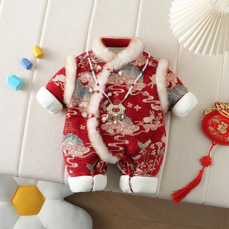 Baby girl winter new year greetings clothes baby winter clothes thickened romper romper winter outing retro one-piece