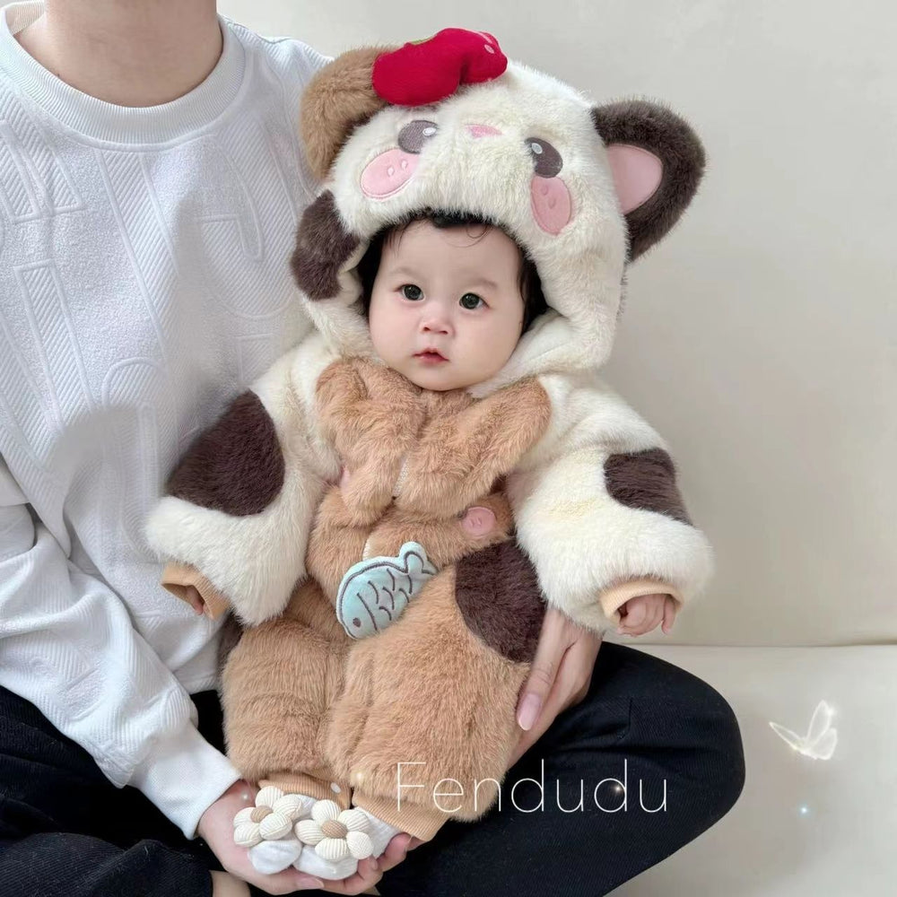 Infant winter fleece-lined thickened warm romper, cartoon winter quilted jumpsuit, thickened fuzzy sweater outfit
