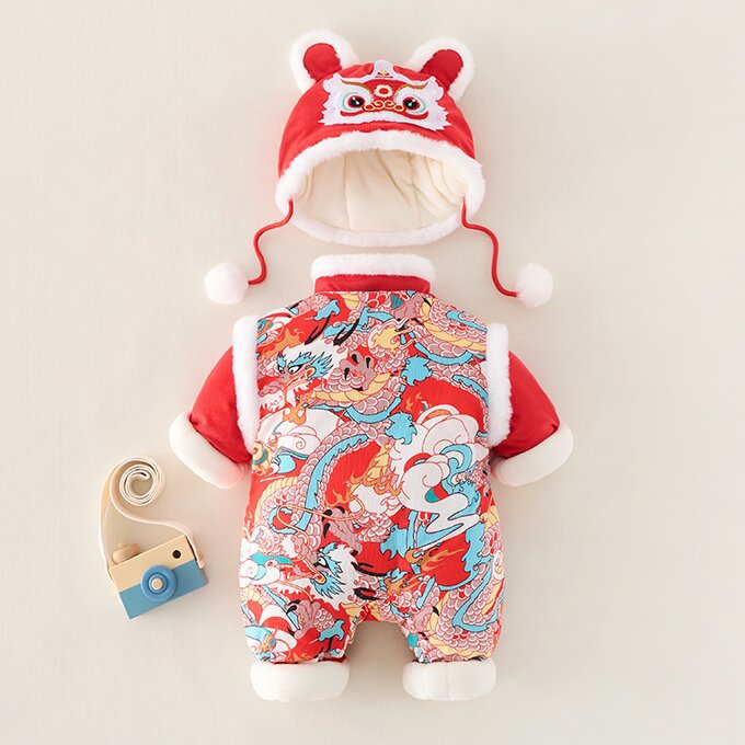 Winter infant new year festive one-piece clothes hundred days one year old baby outing cotton clothes safe and thickened clothes