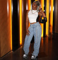 European and american cross-border women's fashion: new trendy high-waisted denim straight-leg jeans with eyelet and drawstring detail for