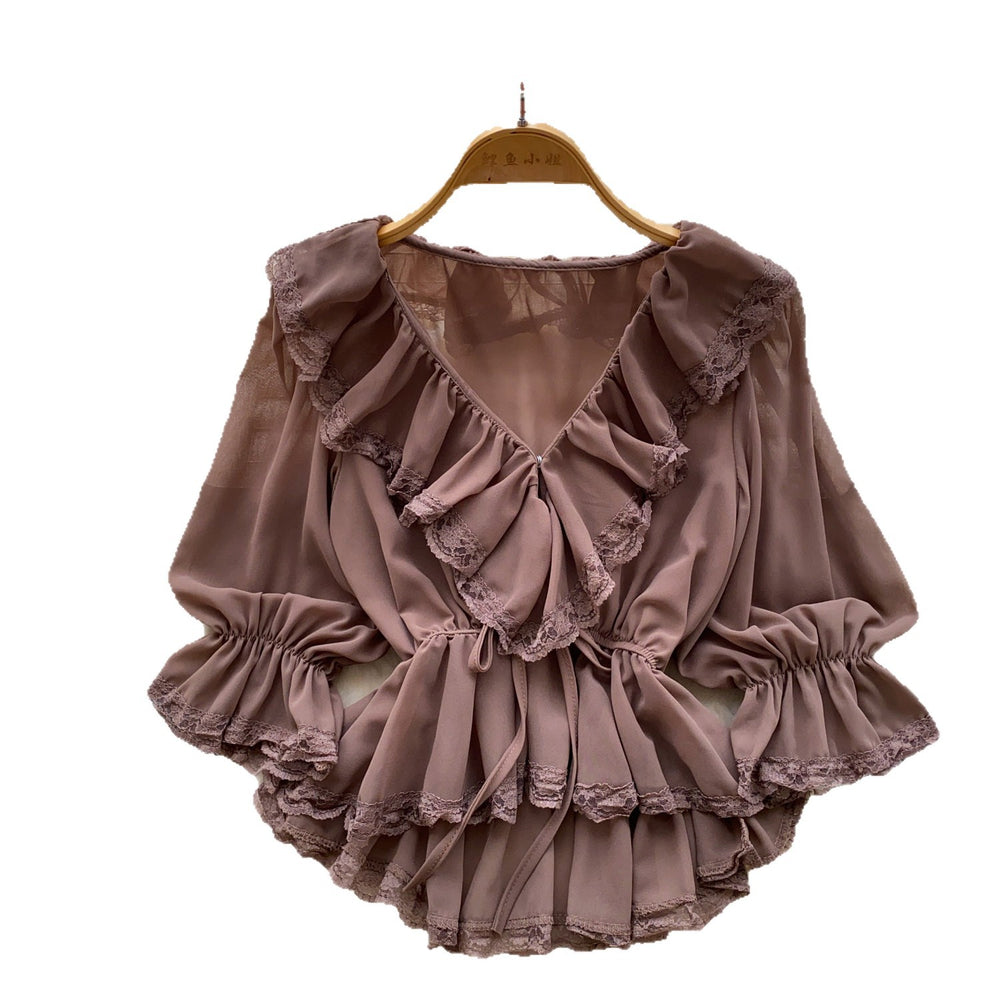 French chic v-neck lace ruffle blouse - women's summer long sleeve tie-waist slimming elegant top
