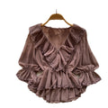 French chic v-neck lace ruffle blouse - women's summer long sleeve tie-waist slimming elegant top
