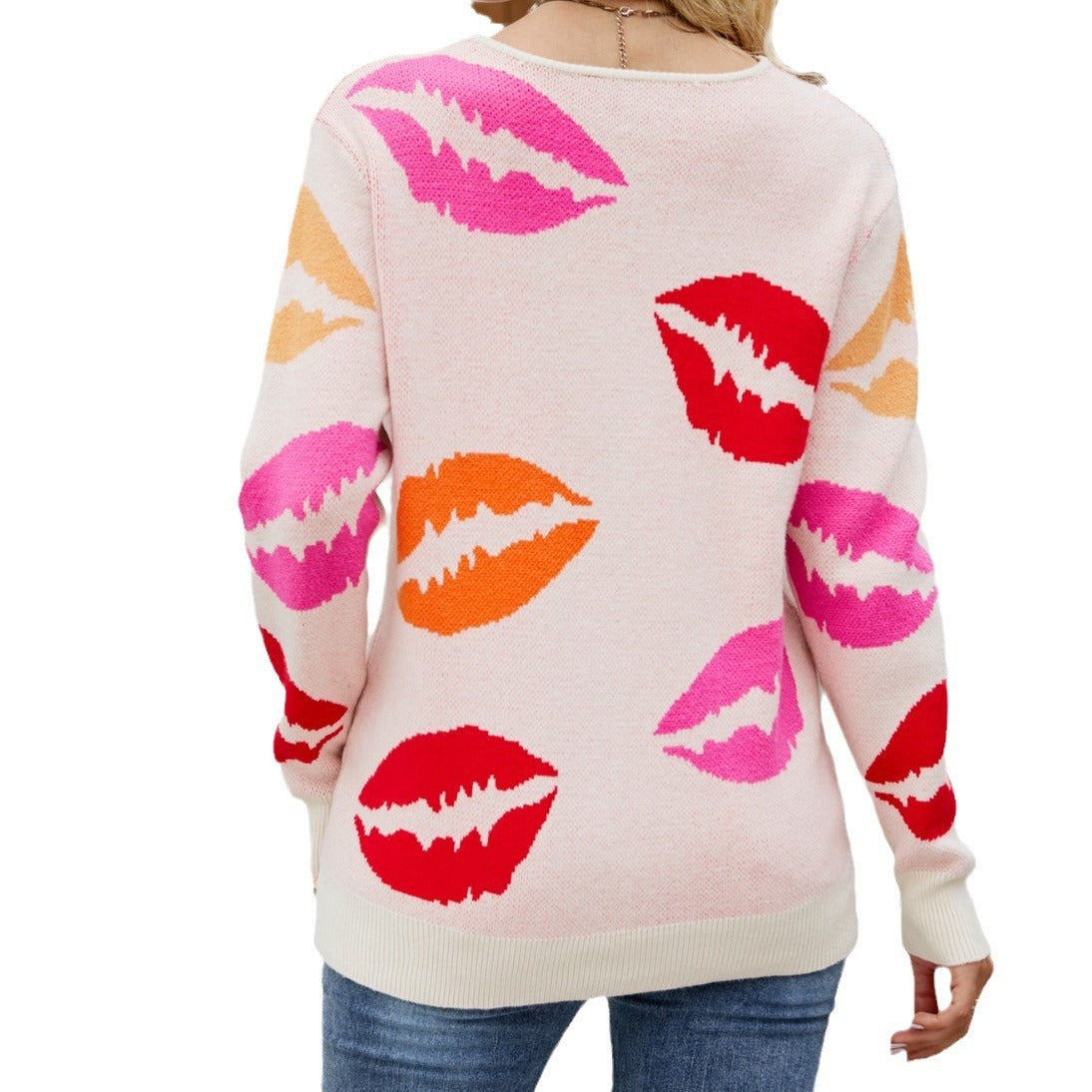 Cross-border European and American women's clothing 2025 autumn and winter new   KISS lip V-neck core-spun yarn pullover sweater