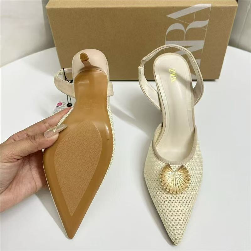 Za2025autum new fashion woven surface women's shoes classypointed toe high heels women's embellished metal flower sandals