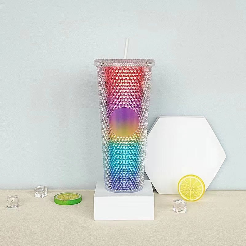 Star ⭐️ same style plastic cup durian cup wholesale high-looking straw cup with paper box water cup logo colorful electroplating