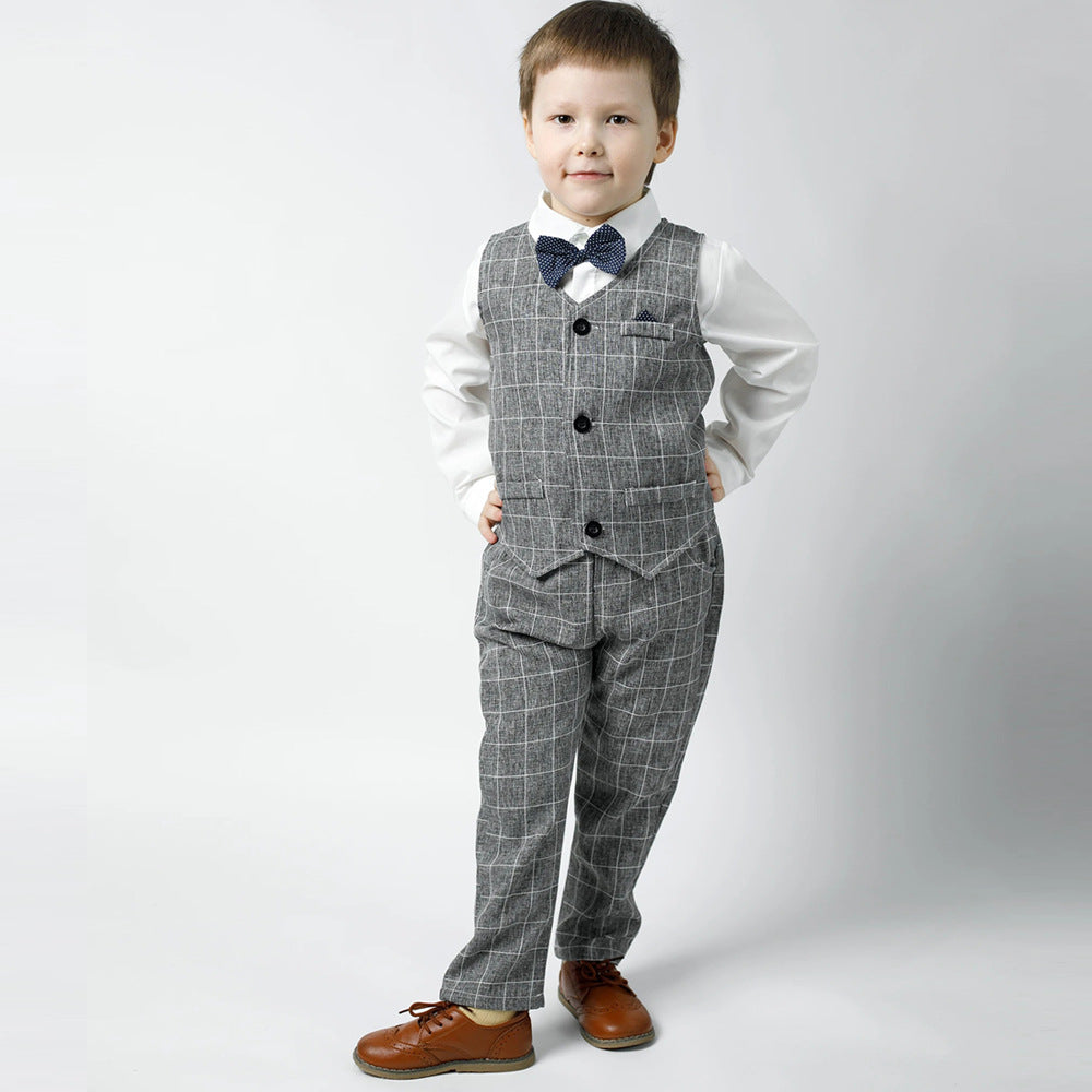 Boys' spring/autumn plaid three-piece set: trendy outfit for baby boys, flower boy style, first birthday celebration, and british-inspired formal wear