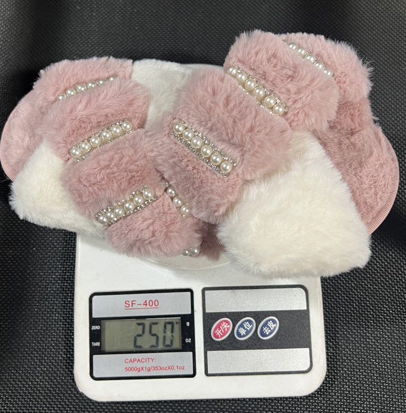 Autumn winternew arrival indoor and outdoor fur slippers cross thick sole fur slippers women's pearl rhinestone soft bottomfor home cotton slippers
